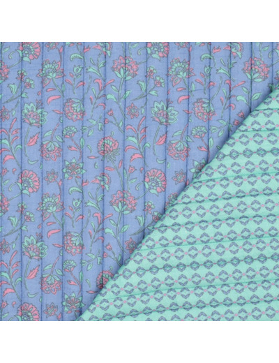 Poppy - Double Gaze Matelassée Réversible – Motif Floral Bleu Lavande & Envers Turquoise