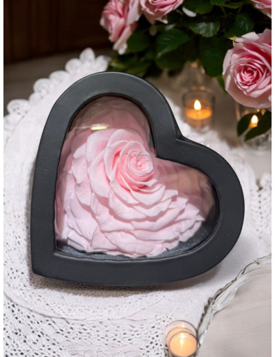 Rose éternelle dans son étui simili coeur noir