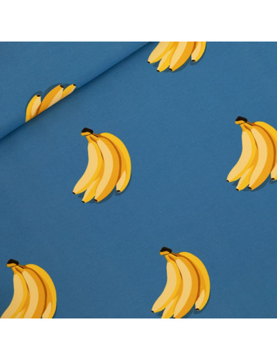 See You at Six - Tissu French Terry de Coton Imprimé "Bananas" sur le Fond Bleu Mer du Belise