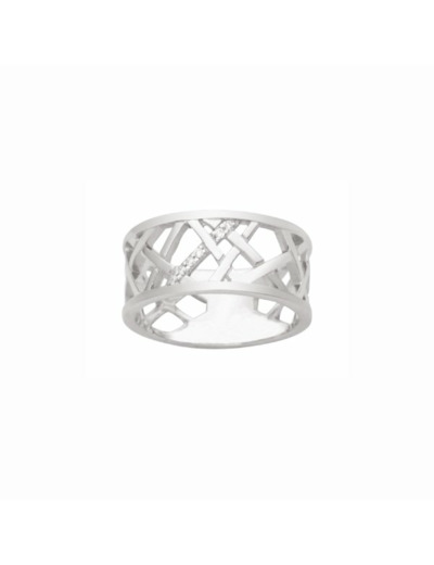 Bague larges motifs géométriques en argent rhodié et oxydes de zirconium