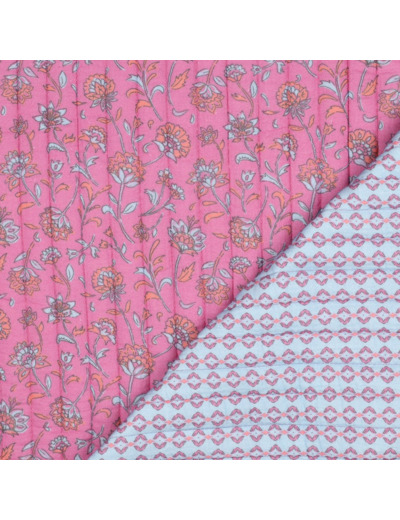 Poppy - Tissu Double Gaze Matelassé Réversible Imprimée - Motif Floral Sur Fond Rose